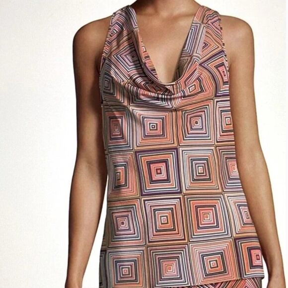 Trina Turk Kourtney Quirk It Top Womens Medium Geo Silk Cowl Neck Racerback - Picture 1 of 7